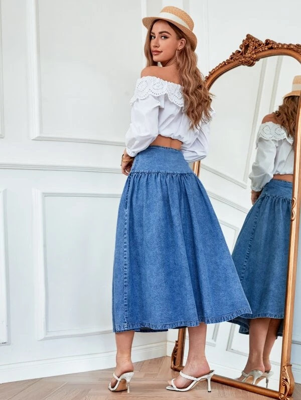 CM-BS324444 Women Casual Seoul Style Medium Wash High Waist Flare Denim Skirt