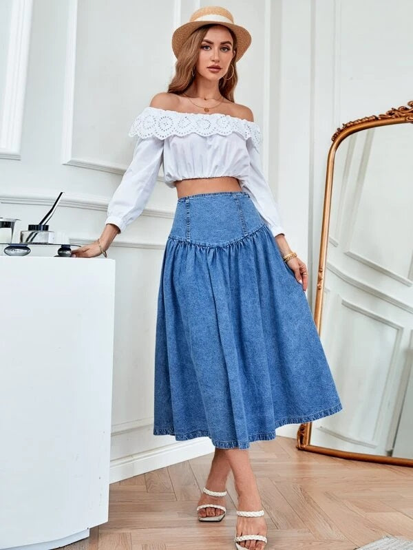 CM-BS324444 Women Casual Seoul Style Medium Wash High Waist Flare Denim Skirt