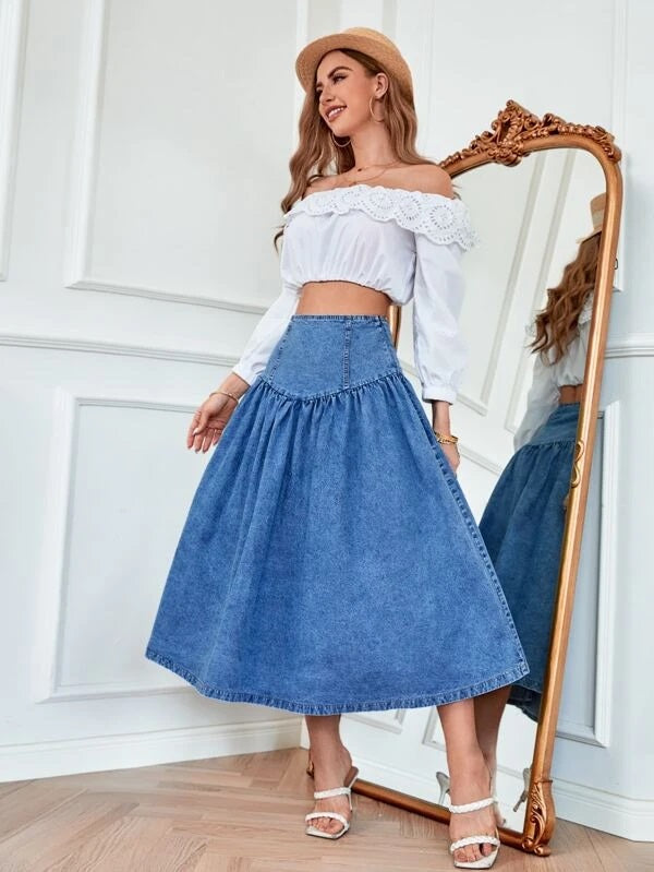 CM-BS324444 Women Casual Seoul Style Medium Wash High Waist Flare Denim Skirt