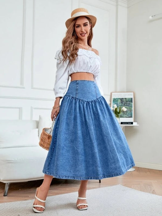 CM-BS324444 Women Casual Seoul Style Medium Wash High Waist Flare Denim Skirt