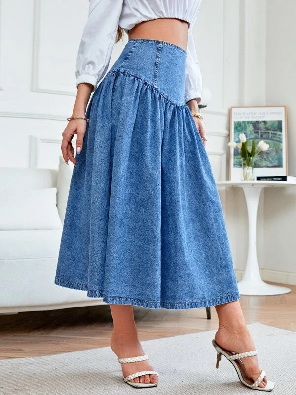 CM-BS324444 Women Casual Seoul Style Medium Wash High Waist Flare Denim Skirt