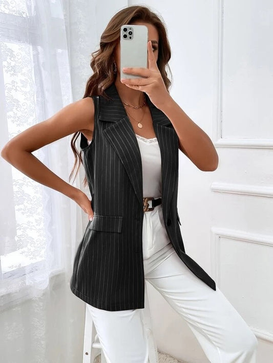 CM-CS130555 Women Casual Seoul Style Single Breasted Lapel Neck Flap Striped Vest - Black