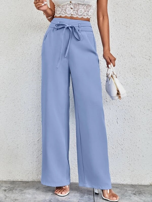 CM-BS066131 Women Casual Seoul Style Solid Belted Wide Leg Pants - Dusty Blue