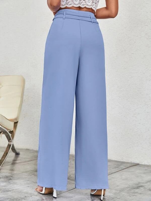 CM-BS066131 Women Casual Seoul Style Solid Belted Wide Leg Pants - Dusty Blue