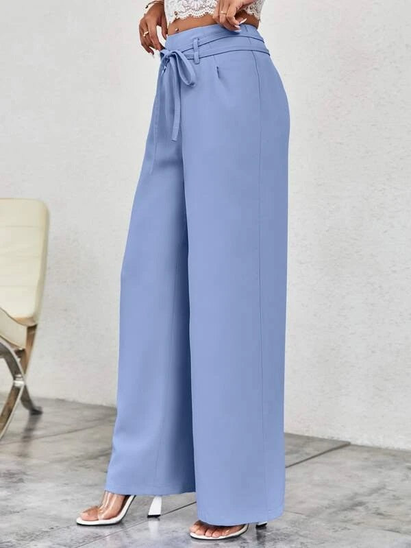 CM-BS066131 Women Casual Seoul Style Solid Belted Wide Leg Pants - Dusty Blue