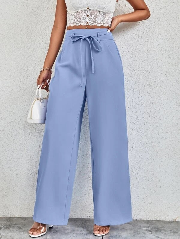 CM-BS066131 Women Casual Seoul Style Solid Belted Wide Leg Pants - Dusty Blue