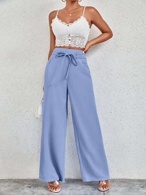 CM-BS066131 Women Casual Seoul Style Solid Belted Wide Leg Pants - Dusty Blue