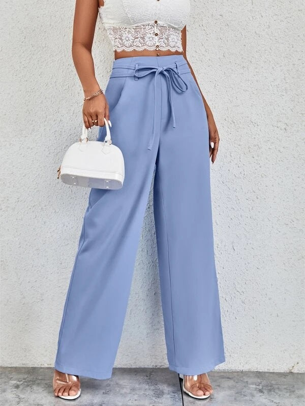 CM-BS066131 Women Casual Seoul Style Solid Belted Wide Leg Pants - Dusty Blue