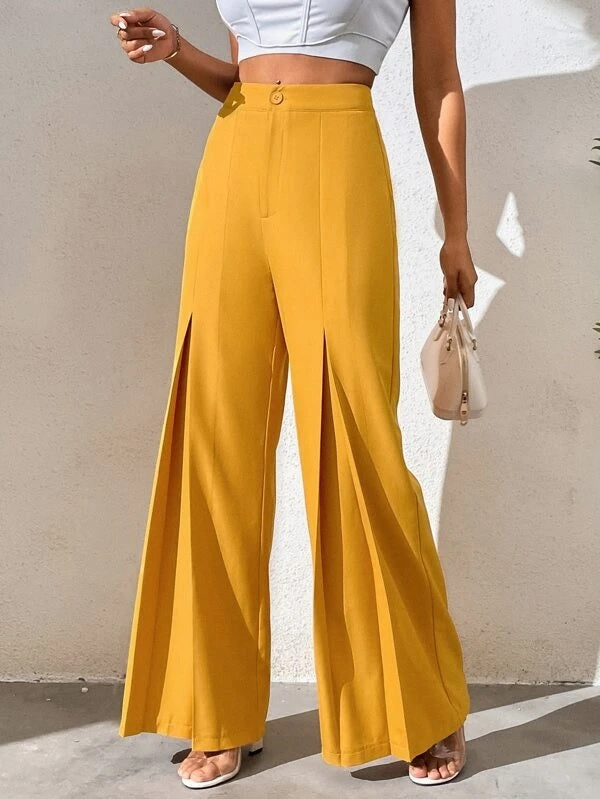 CM-BS956695 Women Casual Seoul Style High Waist Wide Leg Pants - Mustard Yellow