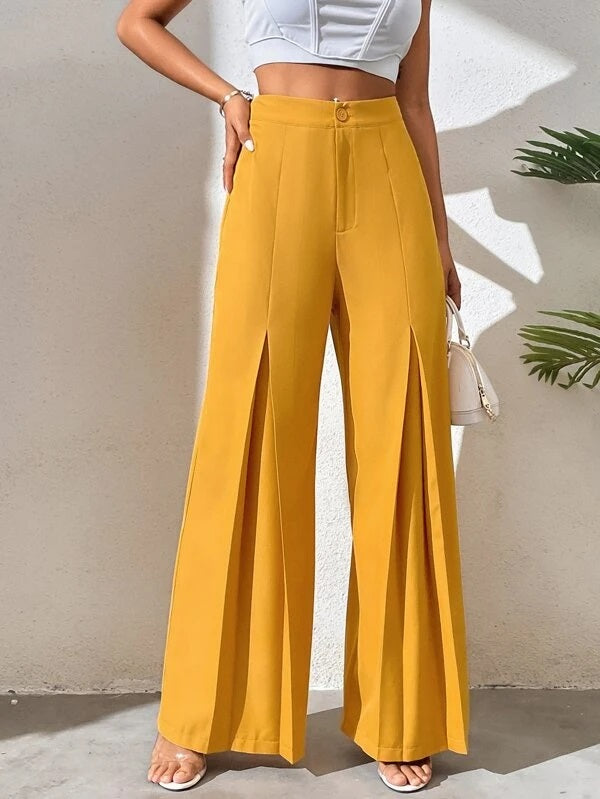 CM-BS956695 Women Casual Seoul Style High Waist Wide Leg Pants - Mustard Yellow