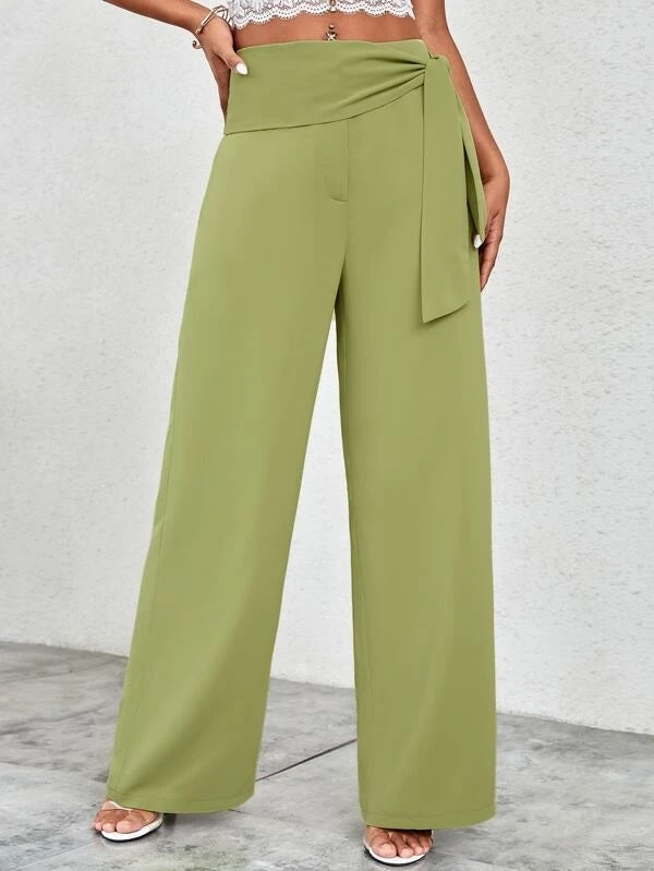 CM-BS204930 Women Casual Seoul Style High Waist Belted Wide Leg Pants - Lime Green