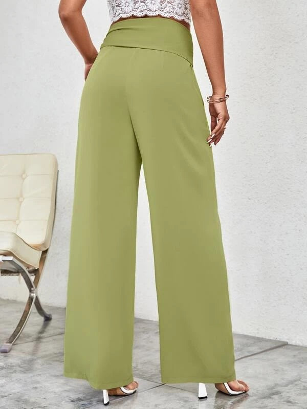 CM-BS204930 Women Casual Seoul Style High Waist Belted Wide Leg Pants - Lime Green