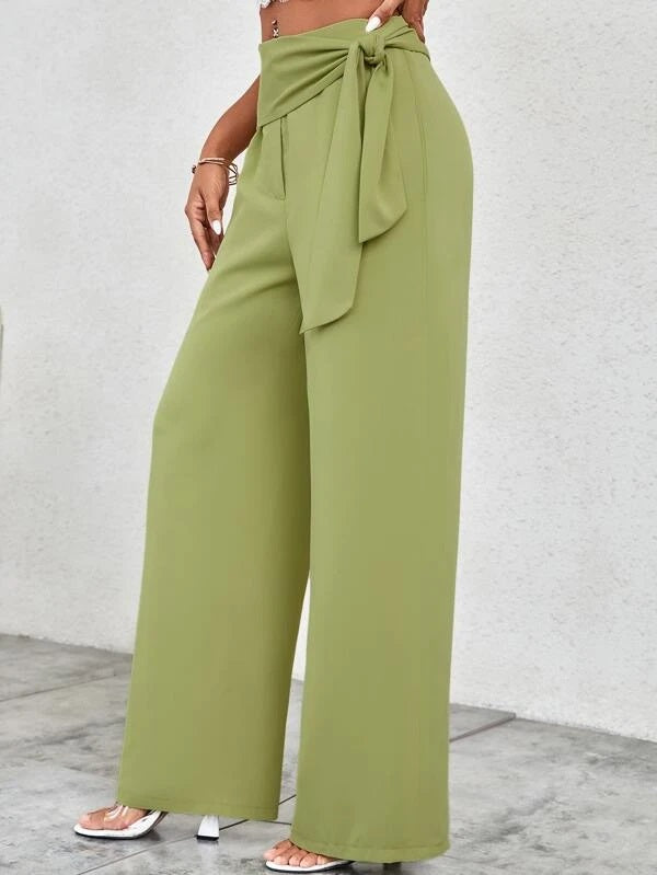 CM-BS204930 Women Casual Seoul Style High Waist Belted Wide Leg Pants - Lime Green