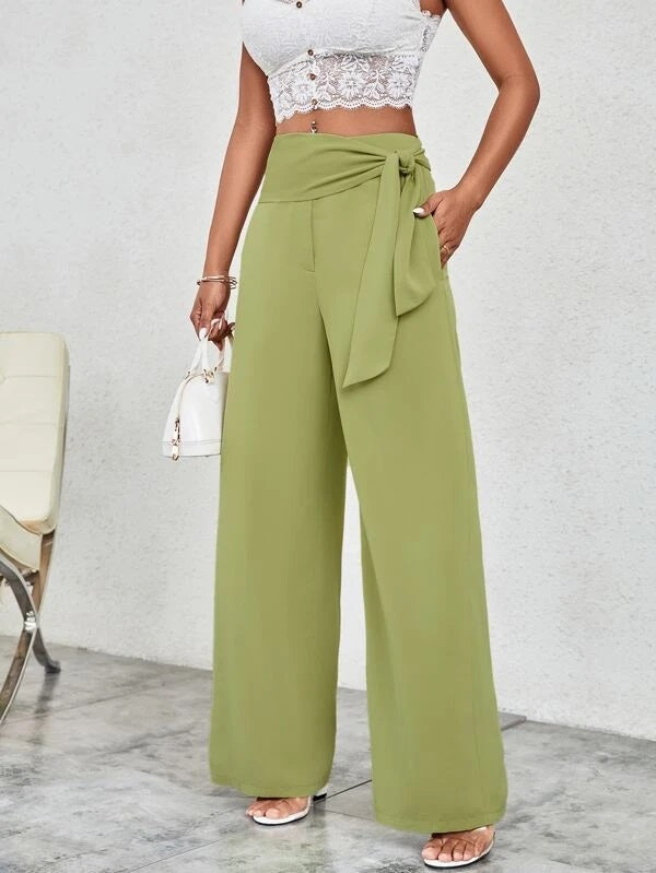 CM-BS204930 Women Casual Seoul Style High Waist Belted Wide Leg Pants - Lime Green