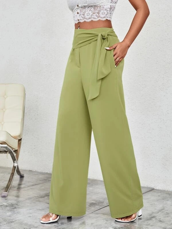 CM-BS204930 Women Casual Seoul Style High Waist Belted Wide Leg Pants - Lime Green