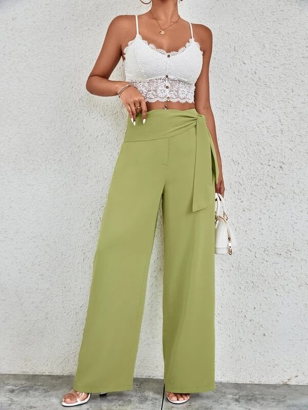 CM-BS204930 Women Casual Seoul Style High Waist Belted Wide Leg Pants - Lime Green