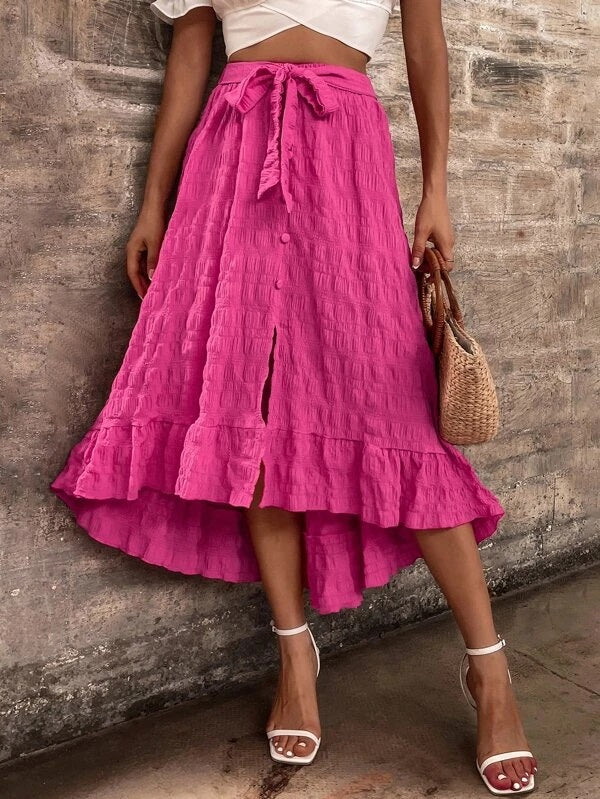 CM-BS633236 Women Trendy Bohemian Style High Low Ruffle Hem Tie Front Skirt - Hot Pink