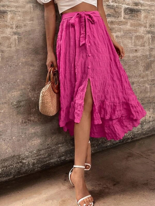 CM-BS633236 Women Trendy Bohemian Style High Low Ruffle Hem Tie Front Skirt - Hot Pink