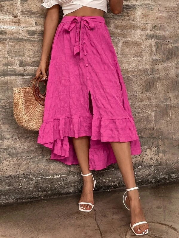 CM-BS633236 Women Trendy Bohemian Style High Low Ruffle Hem Tie Front Skirt - Hot Pink