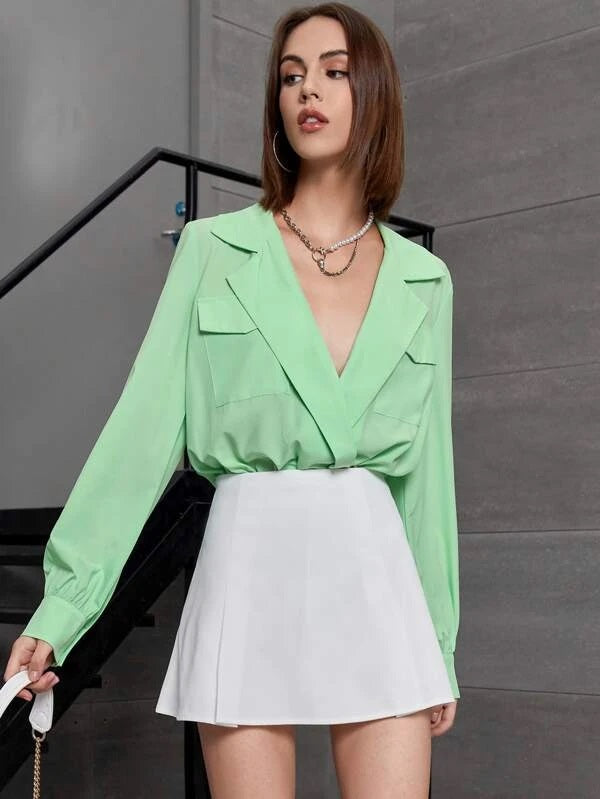 CM-TS005444 Women Casual Seoul Style Lapel Neck Flap Pocket Bodysuit - Mint Green