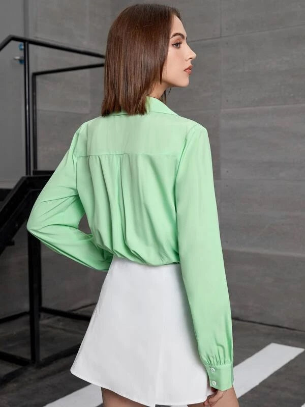 CM-TS005444 Women Casual Seoul Style Lapel Neck Flap Pocket Bodysuit - Mint Green