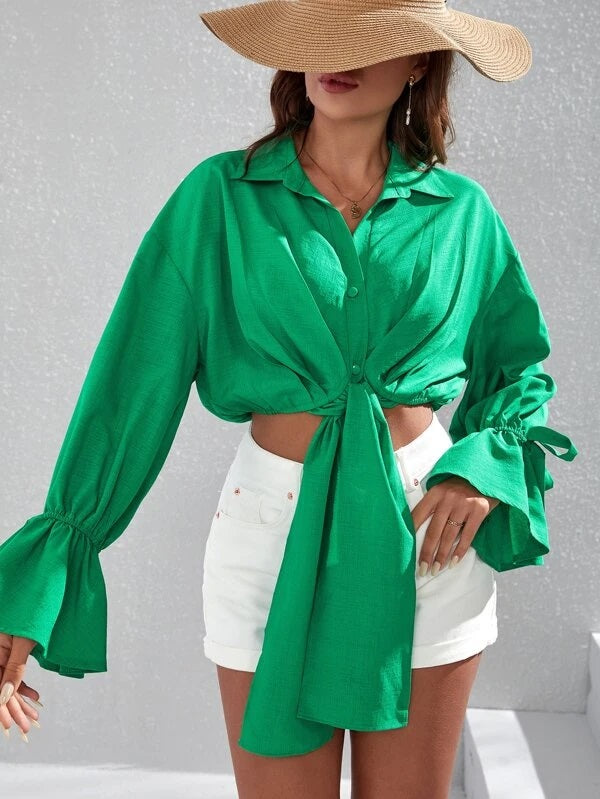 CM-TS382087 Women Casual Seoul Style Solid Flounce Sleeve Knot Front Shirt - Green