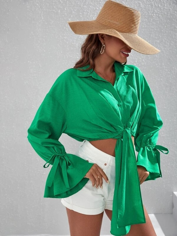 CM-TS382087 Women Casual Seoul Style Solid Flounce Sleeve Knot Front Shirt - Green