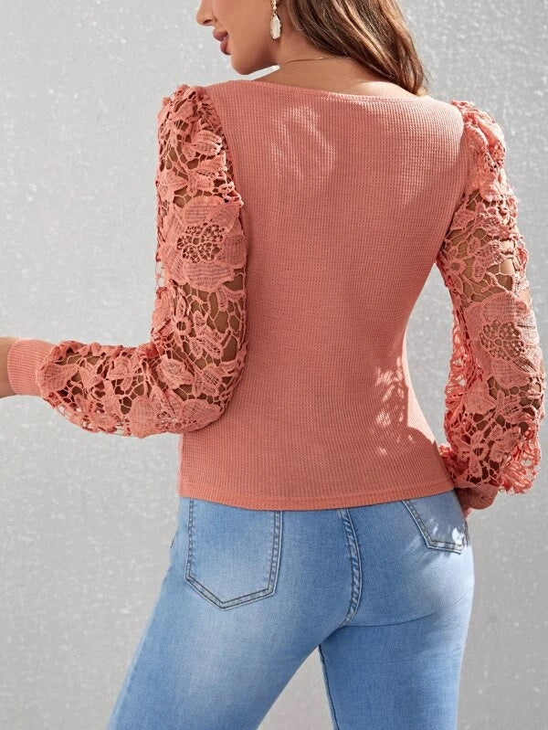 CM-TS522842 Women Casual Seoul Style Contrast Lace Lantern Sleeve Top - Dusty Pink