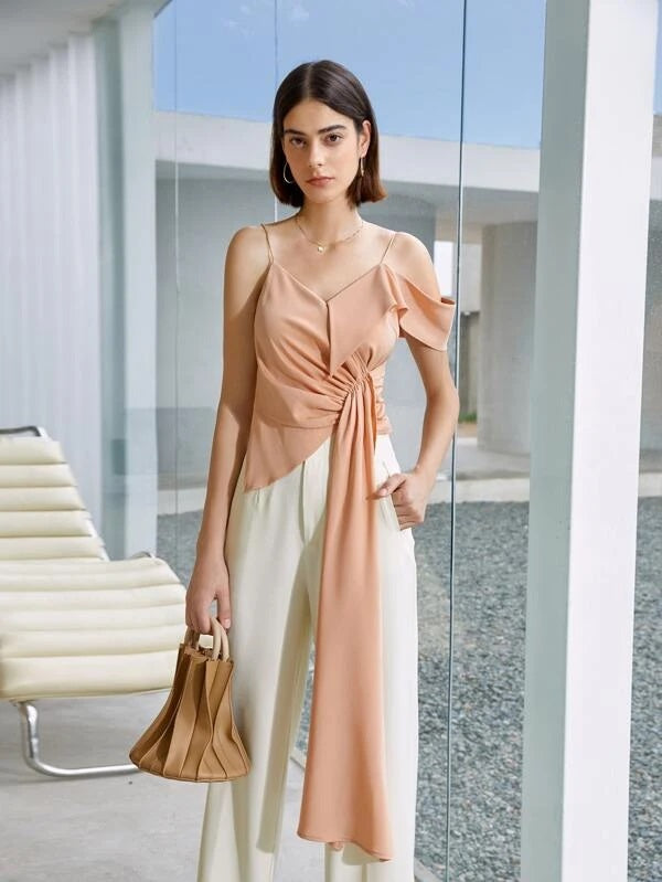 CM-TS083440 Women Casual Seoul Style Asymmetrical Neck Ruched Draped Front Top - Coral Pink