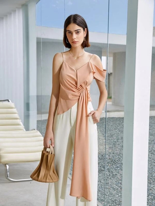 CM-TS083440 Women Casual Seoul Style Asymmetrical Neck Ruched Draped Front Top - Coral Pink