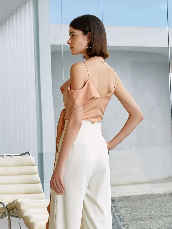 CM-TS083440 Women Casual Seoul Style Asymmetrical Neck Ruched Draped Front Top - Coral Pink