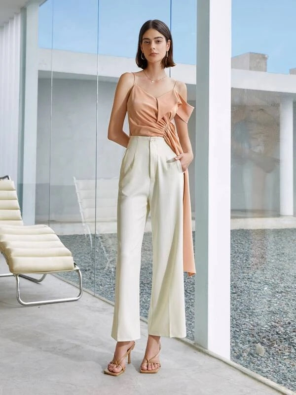CM-TS083440 Women Casual Seoul Style Asymmetrical Neck Ruched Draped Front Top - Coral Pink