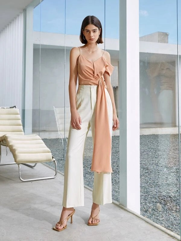 CM-TS083440 Women Casual Seoul Style Asymmetrical Neck Ruched Draped Front Top - Coral Pink