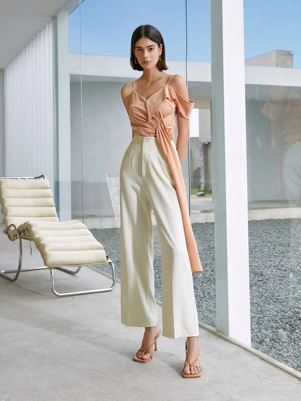 CM-TS083440 Women Casual Seoul Style Asymmetrical Neck Ruched Draped Front Top - Coral Pink