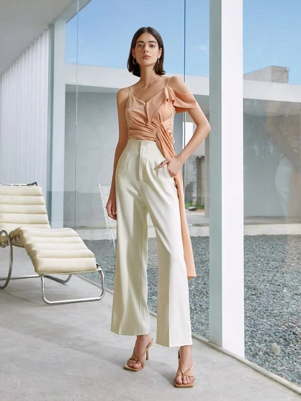 CM-TS083440 Women Casual Seoul Style Asymmetrical Neck Ruched Draped Front Top - Coral Pink