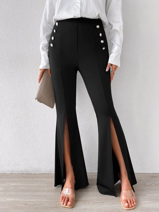 CM-BS017410 Women Elegant Seoul Style High Waist Split Hem Flare Leg Pants - Black