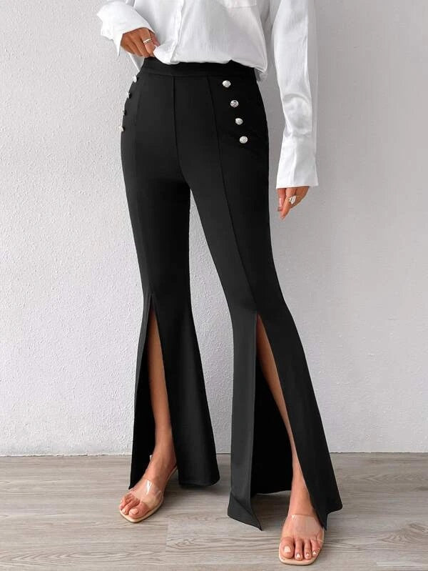 CM-BS017410 Women Elegant Seoul Style High Waist Split Hem Flare Leg Pants - Black