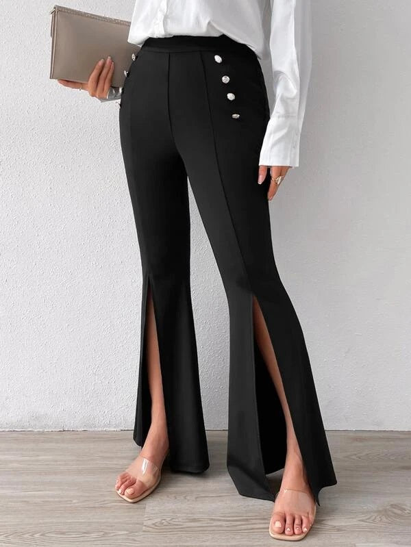 CM-BS017410 Women Elegant Seoul Style High Waist Split Hem Flare Leg Pants - Black