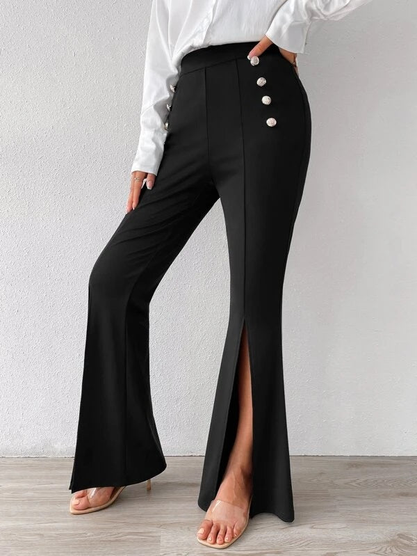 CM-BS017410 Women Elegant Seoul Style High Waist Split Hem Flare Leg Pants - Black