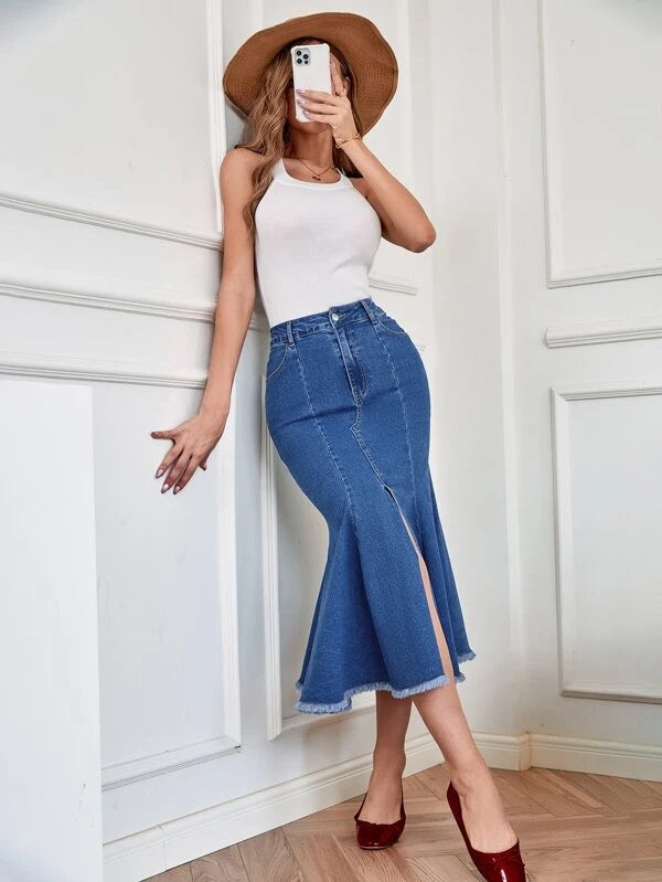 CM-BS033382 Women Casual Seoul Style High Waist Raw Cut Mermaid Hem Denim Skirt