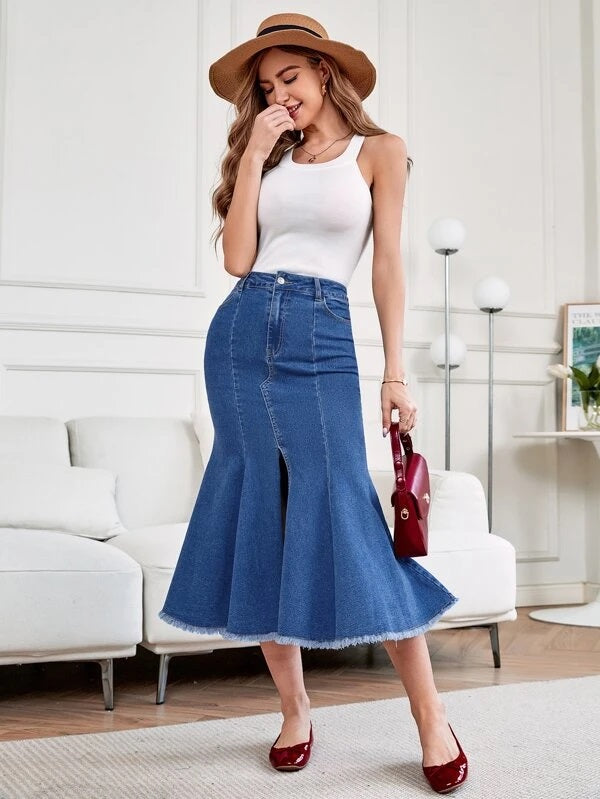 CM-BS033382 Women Casual Seoul Style High Waist Raw Cut Mermaid Hem Denim Skirt