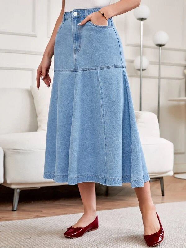 CM-BS846078 Women Casual Seoul Style Light Wash High Waist Mermaid Hem Denim Skirt