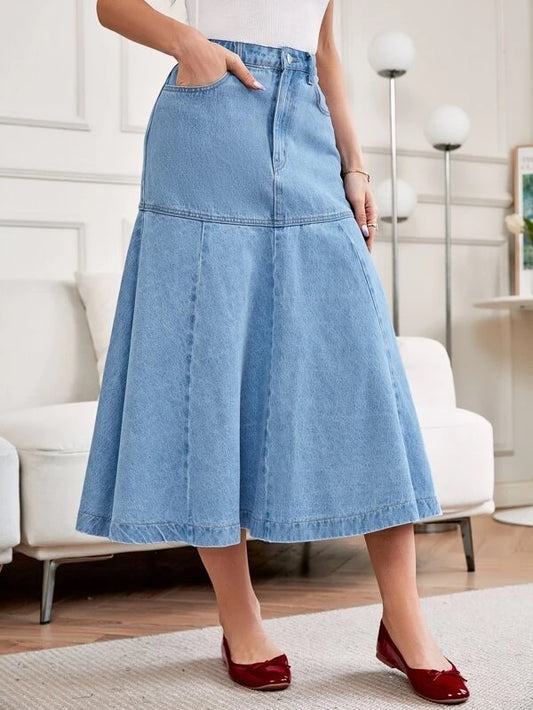 CM-BS846078 Women Casual Seoul Style Light Wash High Waist Mermaid Hem Denim Skirt