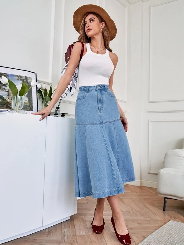 CM-BS846078 Women Casual Seoul Style Light Wash High Waist Mermaid Hem Denim Skirt