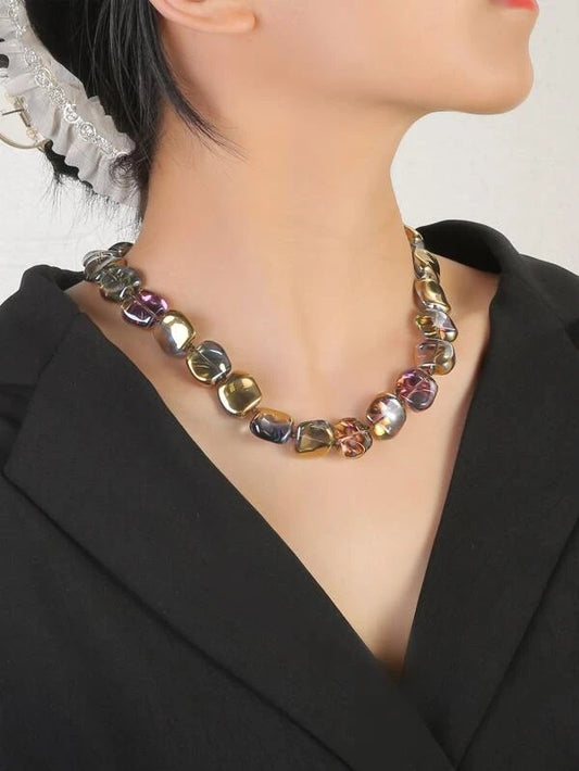 CM-AXS002784 Women Trendy Seoul Style Holographic Beaded Necklace