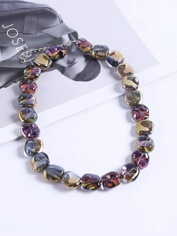 CM-AXS002784 Women Trendy Seoul Style Holographic Beaded Necklace