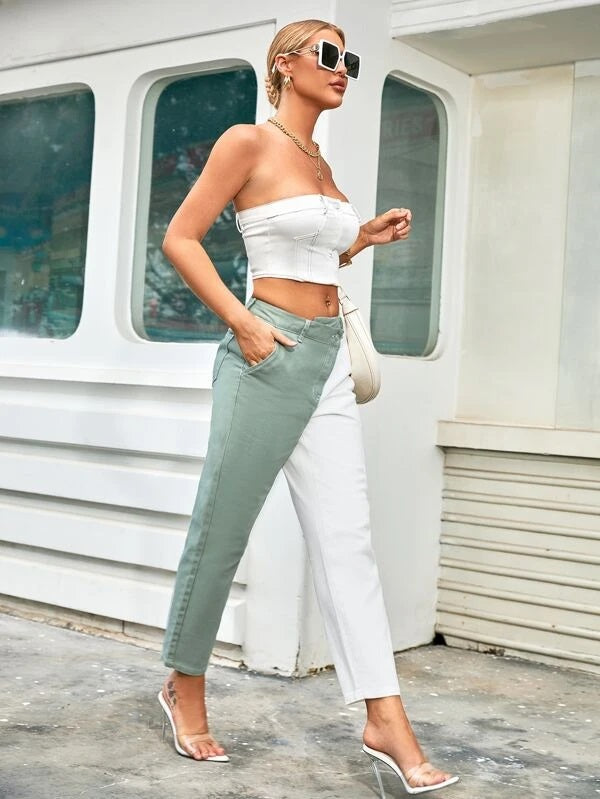 CM-BS209693 Women Casual Seoul Style Two Tone Asymmetrical Waist Jeans