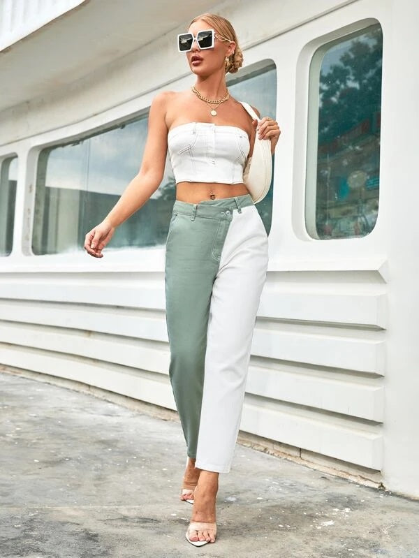 CM-BS209693 Women Casual Seoul Style Two Tone Asymmetrical Waist Jeans