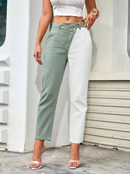 CM-BS209693 Women Casual Seoul Style Two Tone Asymmetrical Waist Jeans