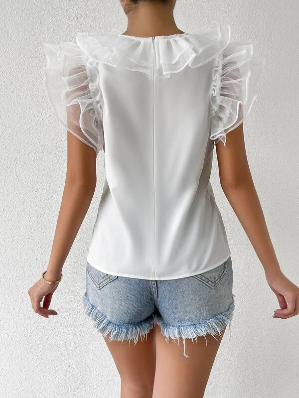 CM-TS148054 Women Casual Seoul Style Ruffle Trim Zipper Back Blouse - White